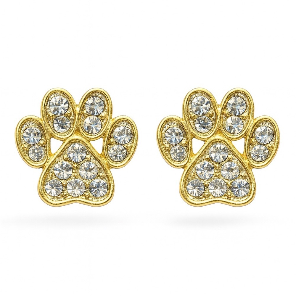 ⚜️ Gold Paw Print Earrings with Crystals